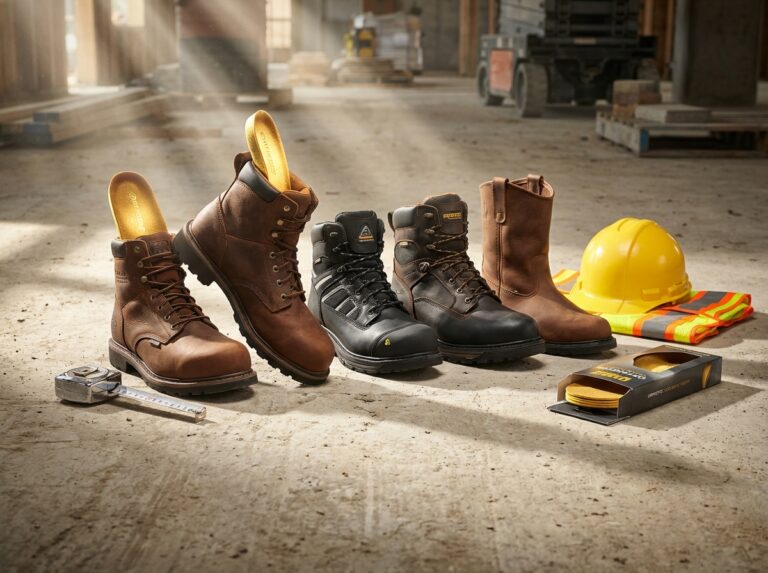 Lineup of work boots on a jobsite with a visible removable insole showing arch support beside a hard hat and safety vest
