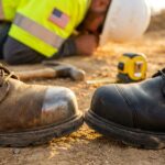Side by side steel toe and composite toe work boots on a construction site surface with a blurred worker wearing a high‑visibility vest and hard hat in the background