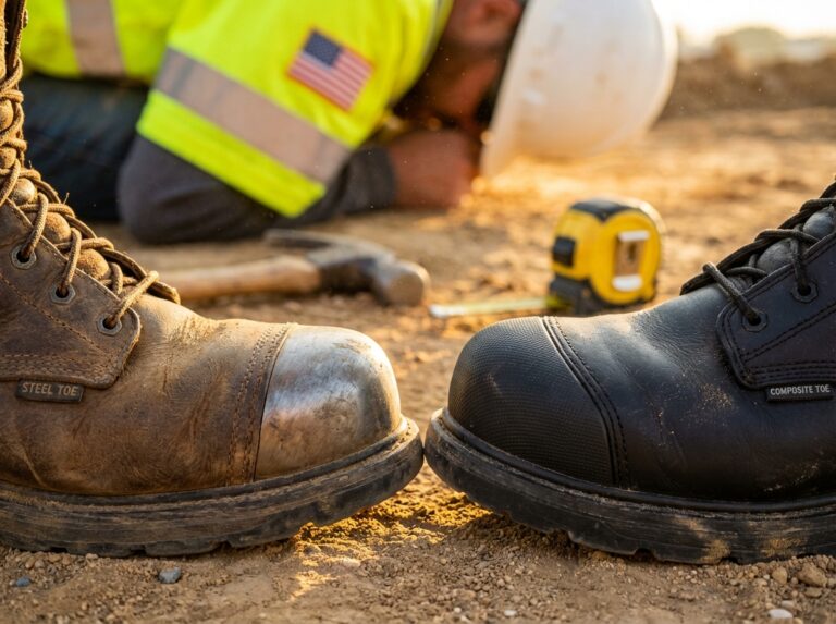 Side by side steel toe and composite toe work boots on a construction site surface with a blurred worker wearing a high‑visibility vest and hard hat in the background