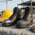 Side-by-side steel toe and composite toe work boots on a concrete worksite with a hard hat and gloves