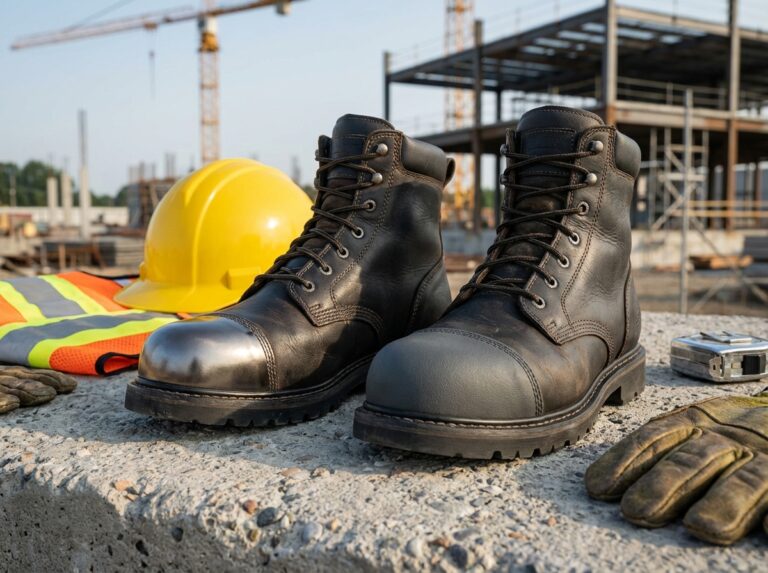 Side-by-side steel toe and composite toe work boots on a concrete worksite with a hard hat and gloves