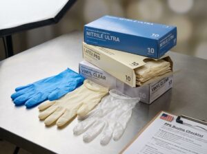 Three types of disposable gloves—blue nitrile, natural latex, and clear vinyl—fanned out on a workbench next to a PPE checklist and an open glove box