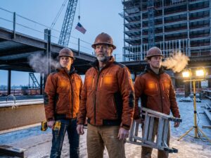 Construction workers on a winter jobsite wearing high-visibility heated jackets with hard hats and tools