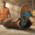 Work boots on concrete with a removable insole visible, showing layered cushioning and a construction site background