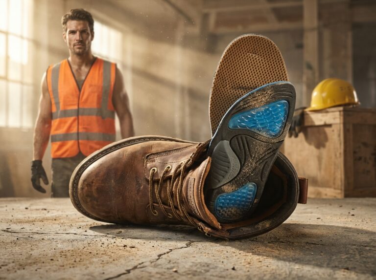 Work boots on concrete with a removable insole visible, showing layered cushioning and a construction site background