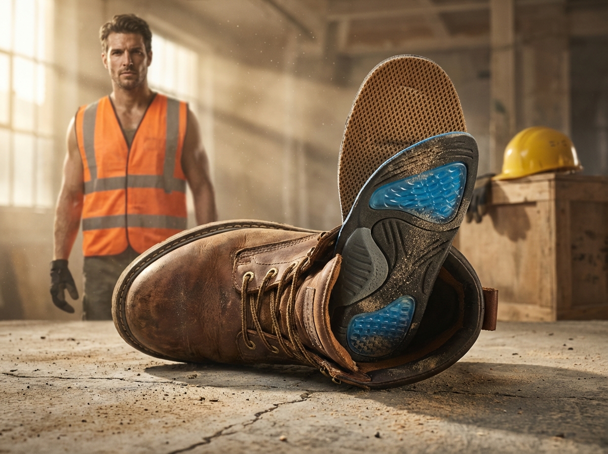 Work boots on concrete with a removable insole visible, showing layered cushioning and a construction site background