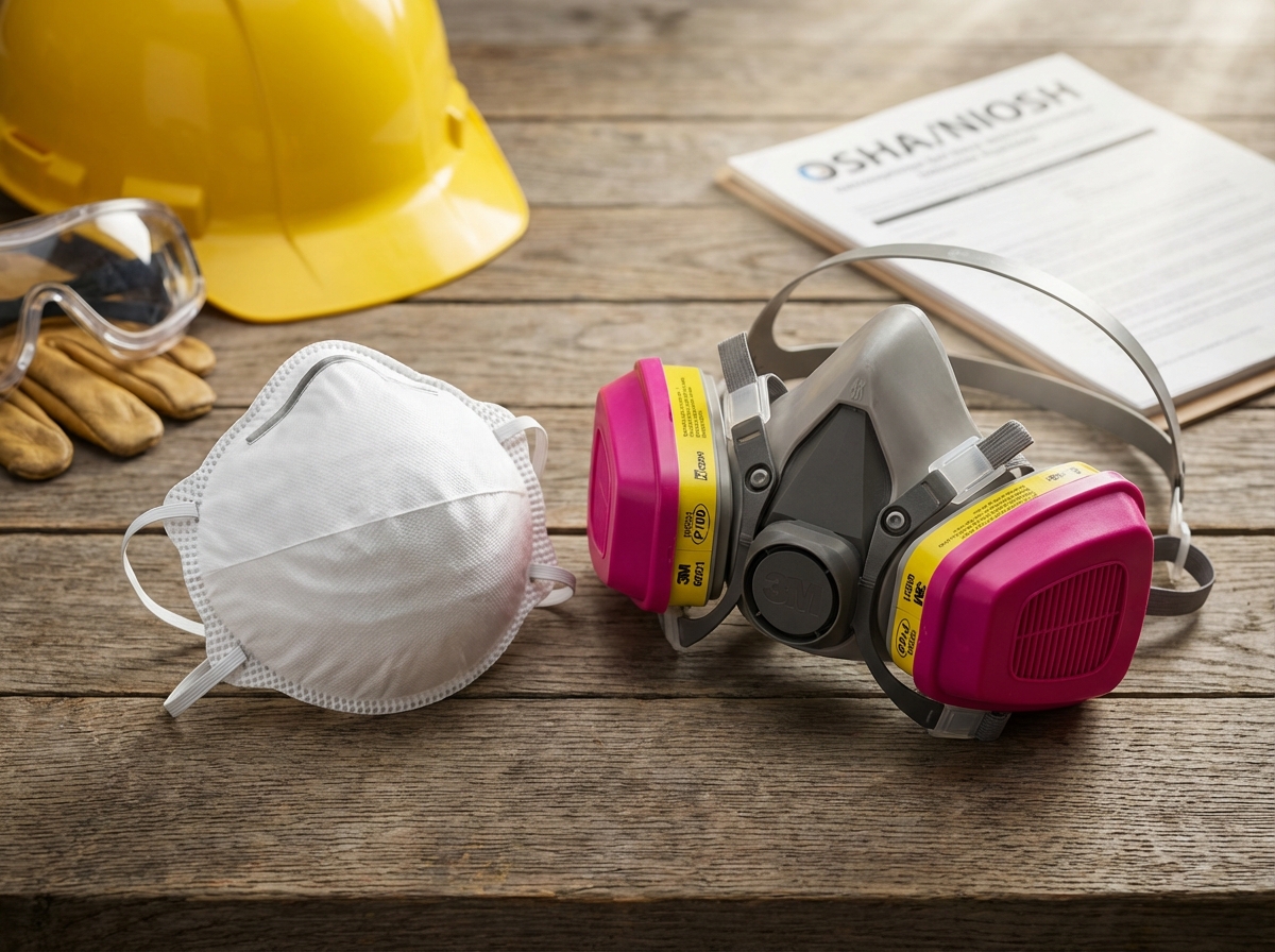 Side-by-side disposable N95 mask and reusable half-mask respirator with P100 cartridges on a workbench surrounded by safety helmet, goggles and gloves, with safety guideline sheet blurred in the background