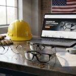 Array of ANSI marked prescription safety glasses on a workbench with a hard hat, gloves, PD ruler and laptop showing an online eyewear store, representing buying prescription safety glasses online in the USA.