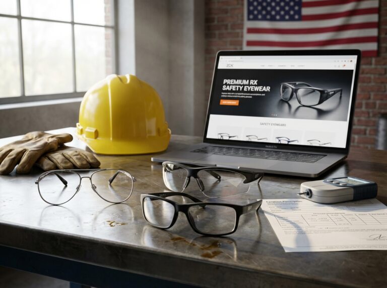 Array of ANSI marked prescription safety glasses on a workbench with a hard hat, gloves, PD ruler and laptop showing an online eyewear store, representing buying prescription safety glasses online in the USA.