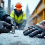 Two winter work gloves side by side: a slim dexterous insulated glove holding a bolt and a bulky insulated waterproof glove on snowy equipment, worker in high‑visibility jacket in background