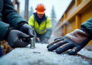 Two winter work gloves side by side: a slim dexterous insulated glove holding a bolt and a bulky insulated waterproof glove on snowy equipment, worker in high‑visibility jacket in background