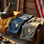 Folded Carhartt and Dickies workwear on a toolbox at a construction site showing fabric texture, reinforced knees and stitching