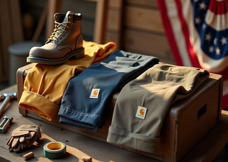 Folded Carhartt and Dickies workwear on a toolbox at a construction site showing fabric texture, reinforced knees and stitching