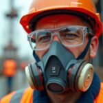 Construction worker wearing clear anti-fog safety glasses, respirator, and hard hat on a jobsite, lenses free of fog
