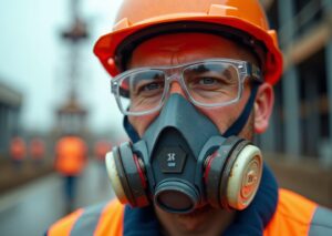 Construction worker wearing clear anti-fog safety glasses, respirator, and hard hat on a jobsite, lenses free of fog