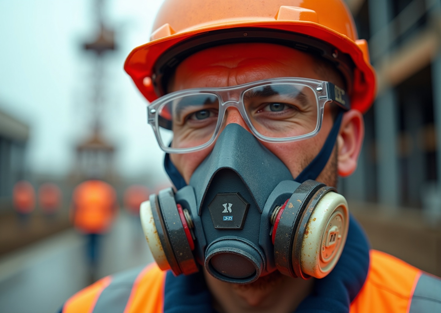 Construction worker wearing clear anti-fog safety glasses, respirator, and hard hat on a jobsite, lenses free of fog