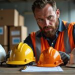 Construction foreman inspecting hard hats with visible manufacture date code and suspension harness on a jobsite table