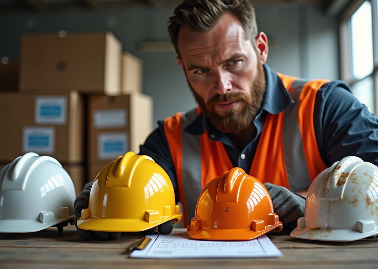 Construction foreman inspecting hard hats with visible manufacture date code and suspension harness on a jobsite table