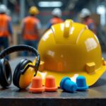 Close-up of earplugs and earmuffs on a workbench beside a safety helmet with workers wearing PPE in the blurred industrial background