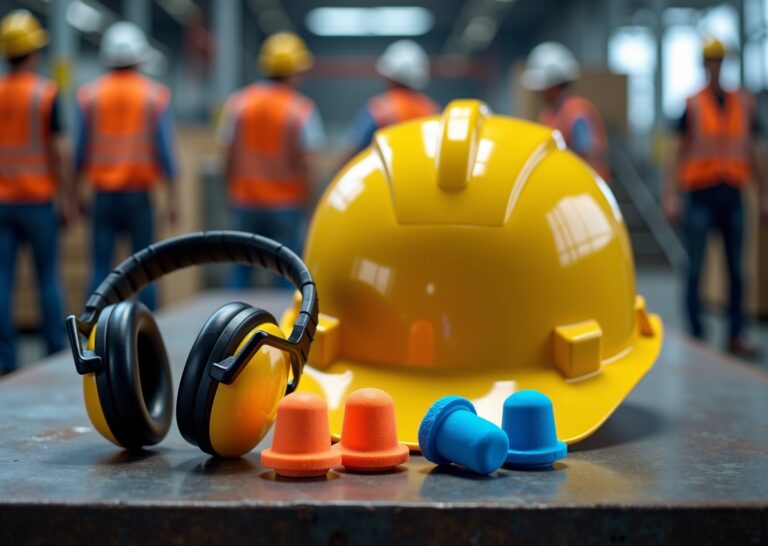 Close-up of earplugs and earmuffs on a workbench beside a safety helmet with workers wearing PPE in the blurred industrial background