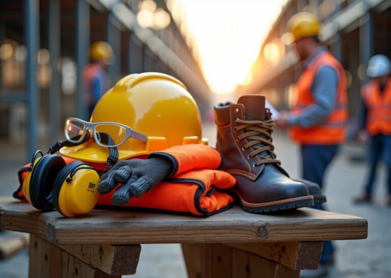 Starter kit of construction PPE on a construction site including hard hat, safety glasses, earmuffs, high-visibility vest, gloves, work boots, respirator, and harness