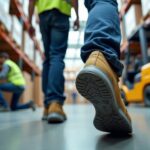 Warehouse workers wearing lightweight composite toe safety shoes with slip resistant soles while operating pallet jack and handling boxes in a bright warehouse aisle
