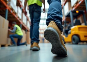 Warehouse workers wearing lightweight composite toe safety shoes with slip resistant soles while operating pallet jack and handling boxes in a bright warehouse aisle
