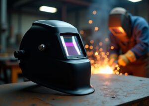 Auto-darkening welding helmet on a steel workbench with a gloved welder and welding sparks in the background