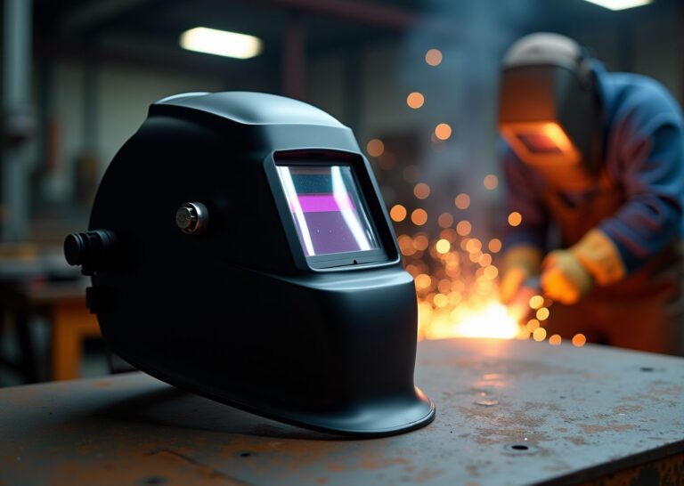 Auto-darkening welding helmet on a steel workbench with a gloved welder and welding sparks in the background