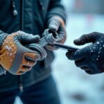 Close-up of worker hands outdoors in snow comparing a bulky insulated glove and a slim dexterous glove while handling tools and a smartphone