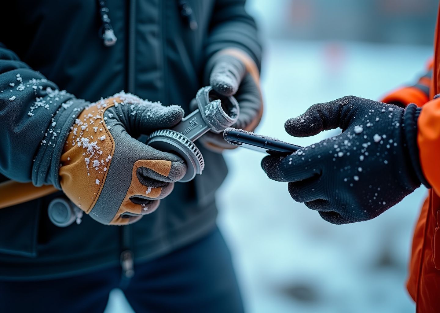 Close-up of worker hands outdoors in snow comparing a bulky insulated glove and a slim dexterous glove while handling tools and a smartphone